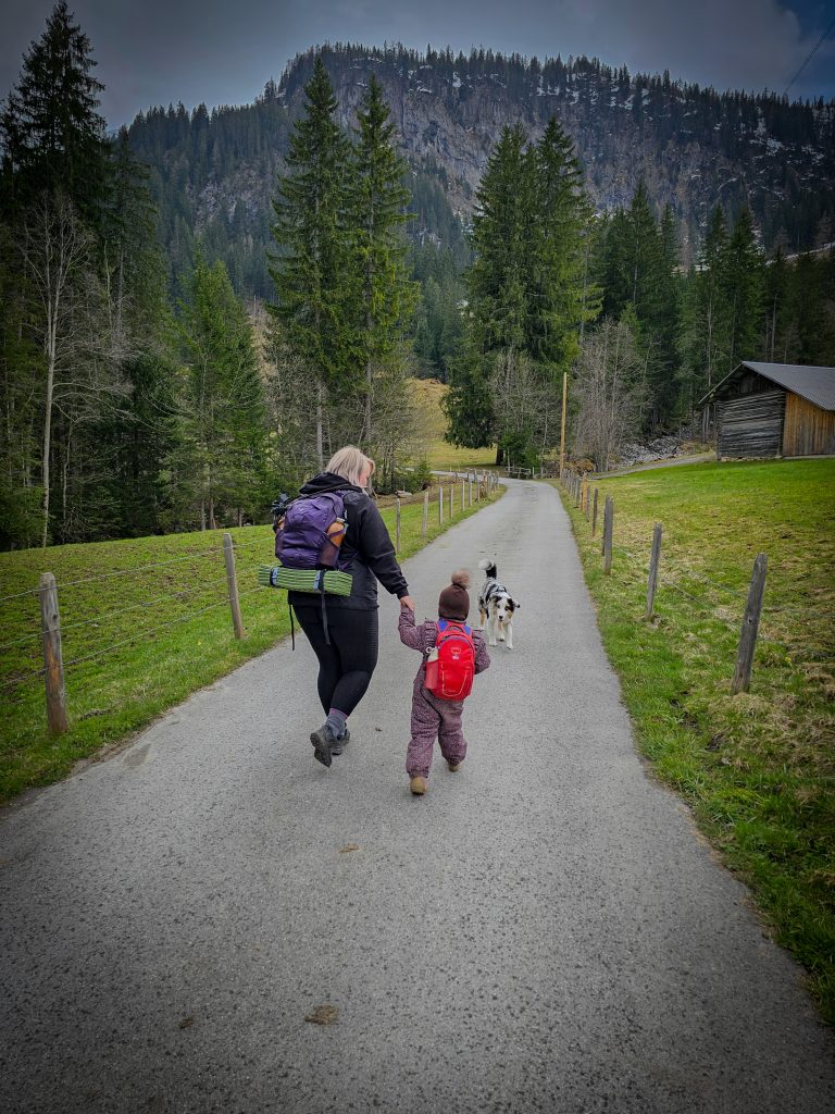 Womand hiking in the swiss mountains with a kid and dog.